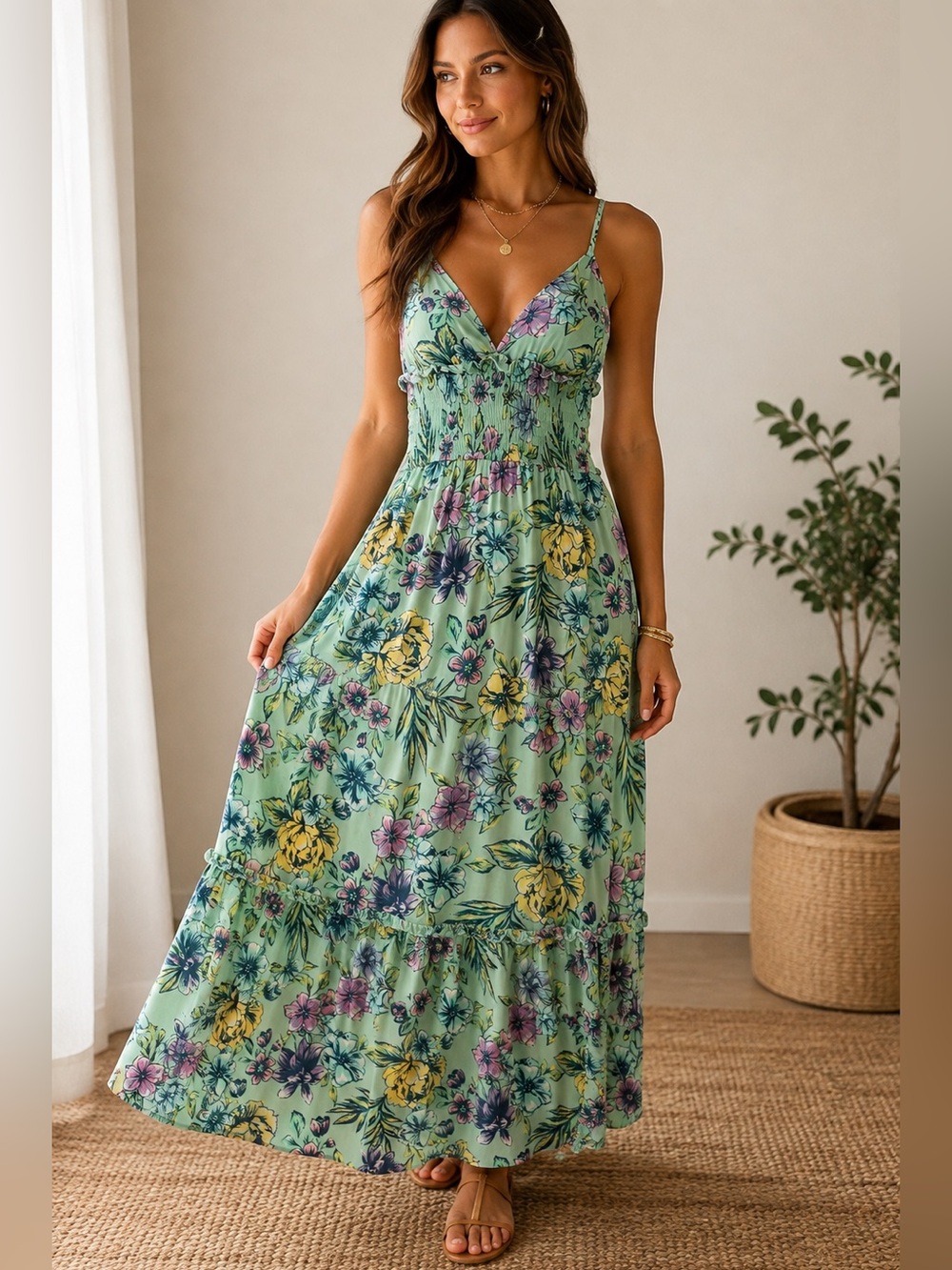 Beautiful Jolie & Joy Floral Maxi Slip Dress - Mint Green. Size Medium.
